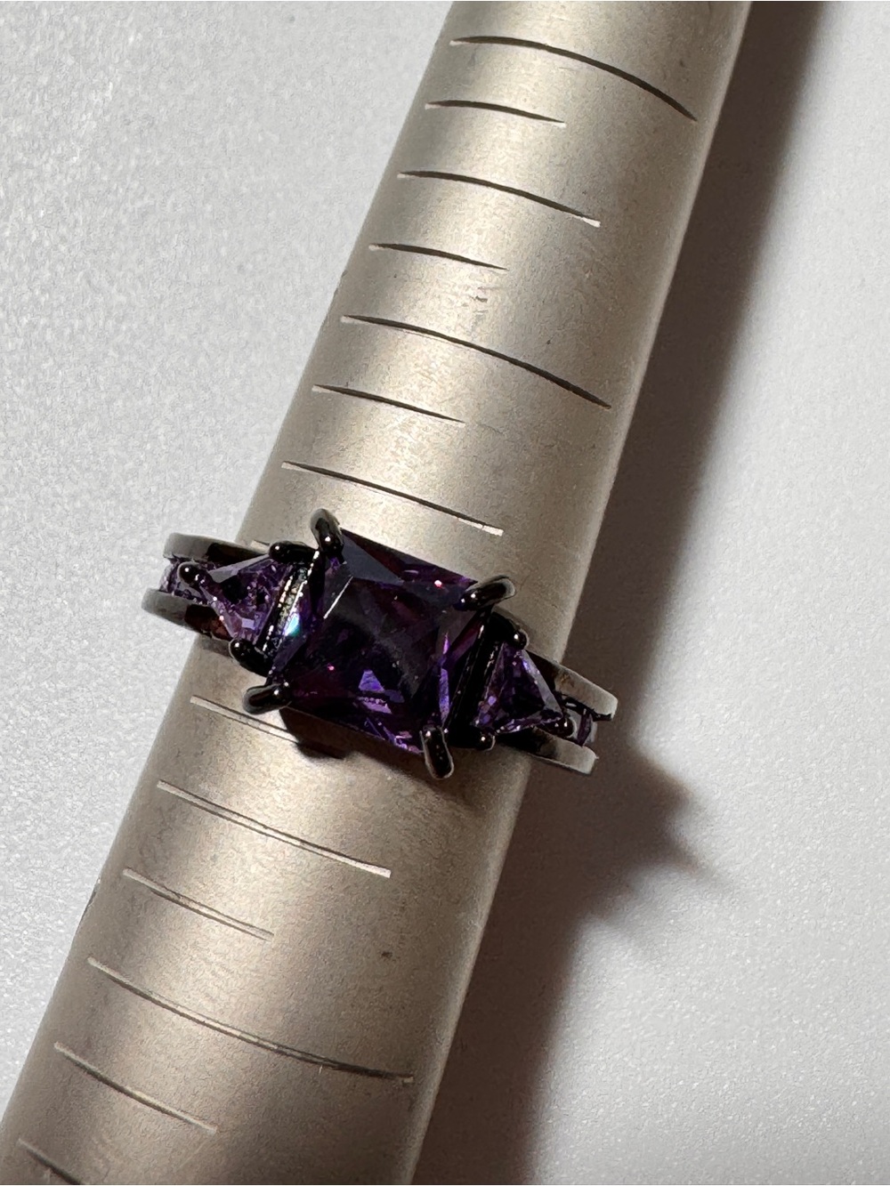 Elegant Black-Plated Purple Gemstone Ring - Women Jewelry